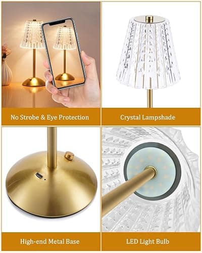 Nusogon Rechargeable Cordless Table Lamp, Touch Control Crystal Desk Lamp with 3500mAh Battery, 3 Color Dimmable LED Small Lamp for Bedroom Bedside Restaurant Kitchen Home Decor thumbnail 6