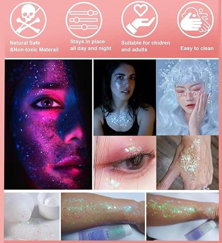 Go Ho Clear White Face Body Glitter - Party Flash Festival Rave Outfits for Women&Kids,Holographic Glitter White Face Paint,Halloween Mermaid Fairy Makeup Chunky Sequins Gel,Rave Pride Accessories thumbnail 3