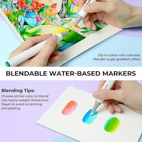 Ohuhu Markers for Adult Coloring Books No Bleeding 60 Colors Water-based Dual Tips Coloring Markers for Kids Adults Beginners Drawing Pens for Journaling Lettering (Brush & Chisel) thumbnail 9