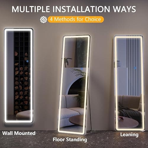 ZKIODV Full Length Mirror with Lights, LED Full Body Mirror, Wall Mirror with 3 Colors & Dimmable Lighting, Floor Standing Mirror for Bedroom & Living Room, Aluminum Frame - White, 160 x 50 cm thumbnail 7