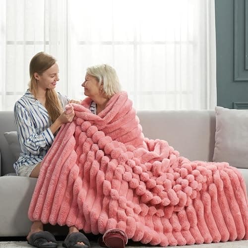 Cozy Bliss Faux Fur Throw Blanket for Couch, Cozy Warm Plush Striped Blanket for Sofa Bedroom Living Room, 50 * 60 Inches Hot Pink thumbnail 5