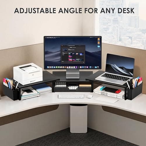 OPNICE Desk Organizers and Accessories, Dual Monitor Stand Riser with Drawer and 2 Pen Holders, Desk Shelf Metal Computer Racks for Office Workspace Organizers, Desktop Organization (Black) thumbnail 7