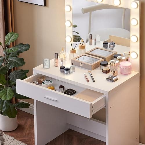 FITSCROPR Vanity Desk with Lamp Bulb Mirror Makeup Vanities Table Drawers,Vanity Storage Bench,for Bedroom White thumbnail 4