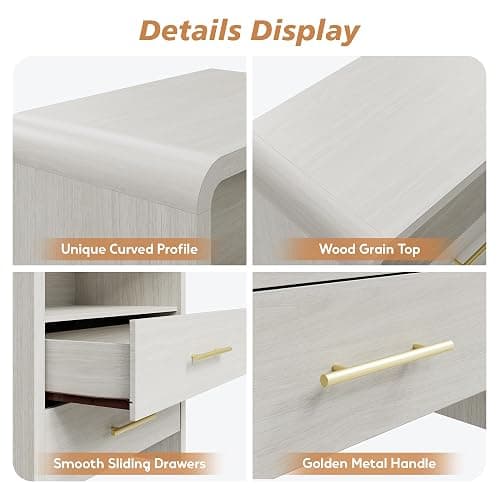 Fatmok Night Stand Set of 2, 31.5'' Wide Wooden Bedside Table with 3-Drawer, Modern Curved Profile Design End Table with Long Metal Handle for Bedroom, White Wood Grain thumbnail 6