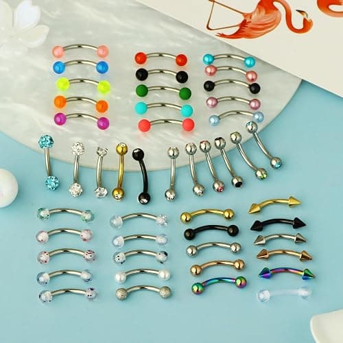 Suotarn 47pcs 16G Stainless Steel Eyebrow Piercing Rings Clear CZ Curved Barbell Helix Daith Rook Earrings Piercing Body Jewelry for Women Men thumbnail 5