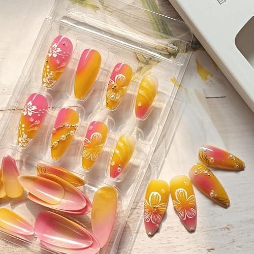 24Pcs Flower Press on Nails Medium Almond Fake Nails 3D Floral with Gold Pearl Rhinestones Glitter Glossy Design Orange Full Cover Stick on Nails Spring Summer False Nails for Women Acrylic Nails thumbnail 5