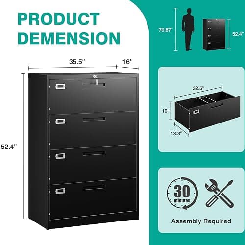 SISESOL 4 Drawer Lateral File Cabinet with Lock,Black Lateral Filing Cabinet,Horizontal Metal Filing Cabinets,Locked Wide Four Drawer File Cabinets for Office Home,Fit A4/F4/Letter/Legal File thumbnail 3