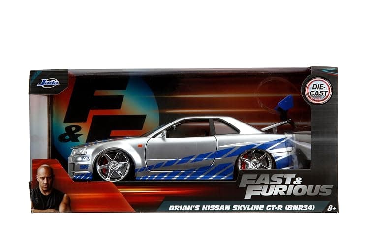 Jada Toys Fast & Furious Brian’s 2002 Nissan Skyline R34 Die-cast Car, 1:24 Scale, Silver & Blue,19808 thumbnail 2