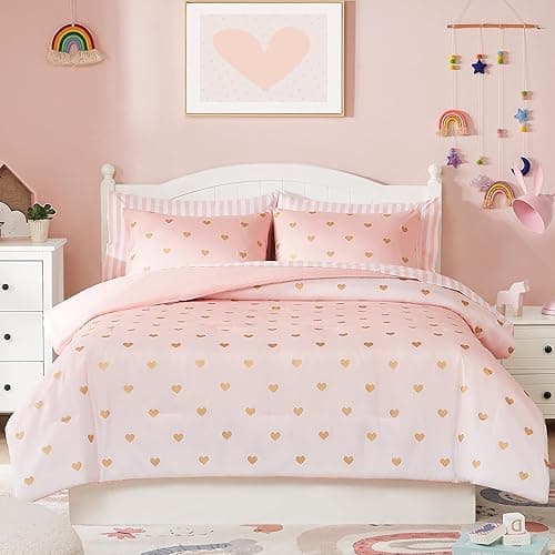 Wink Deer Twin Comforter Set with Sheets for Girls-5 Pieces Twin Bedding Sets with Pink Comforter, Sheets, Pillowcase & Sham for Kids (Pink Gold Heart, 66" X 86") - Pink/Gold Heart - Twin(66"X 86")-5 Pieces