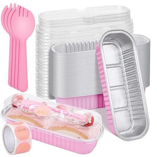 ylnurac 25Pack Pink Mini Cake Pans with Lids Mini Loaf Pans and Spoons and Stickers, 6.8Oz Aluminum Foil Pans Tins, Individual Dessert Cups Containers for Sales,Party,Picnics - Image 1