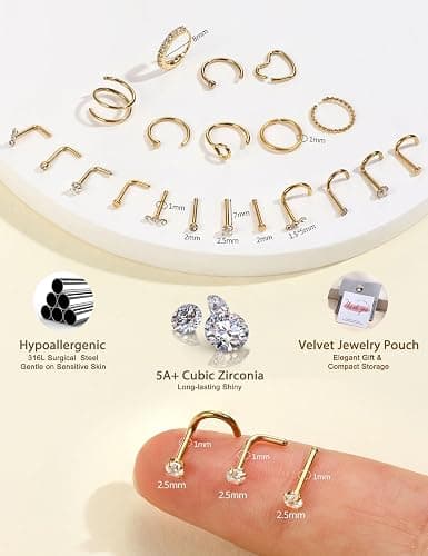 FIBO STEEL 18g 20g Nose Rings Hoops Nose Studs - Hypoallergenic Surgical Steel CZ Nose Stud L Shape Body Nostril Piercing Jewelry for Women Men 14k Gold Plated 20Pcs thumbnail 3