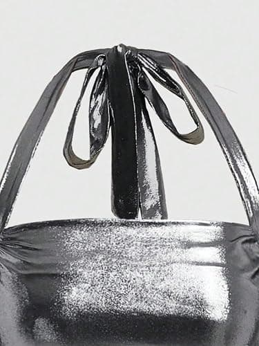 Floerns Women's Sparkly Metallic Clubwear Halter Tie Neck Sleeveless Ruched Tank Top thumbnail 3