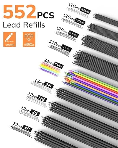 Four Candies 27PCS Art Mechanical Pencil Set with Case, 4PCS Metal Drawing Pencil 0.3, 0.5, 0.7, 0.9 mm & 2PCS 2mm Lead Holder (HB 2H 2B 4B Color) with 552 Graphite Lead Refills for Drawing Sketching thumbnail 2