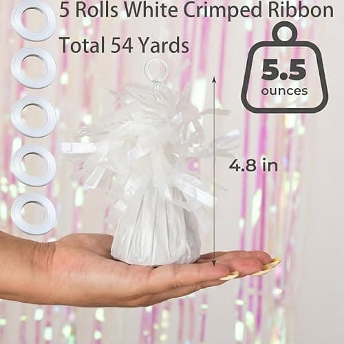 White Balloon Weights Pack of 12 with 5 Rolls White Crimped Ribbon, Well Made Durable Balloon Anchors for Parties, Birthdays, Weddings, and Professional Event Decorations thumbnail 3