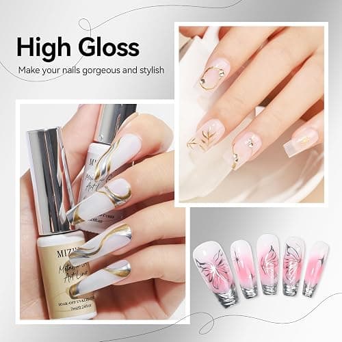 MIZHSE 2PCS Gold and Silver Metallic Gel Liner Nail Art 3D Mirror Gel Paint, Metal Chrome Glossy Painting Drawing Line Swirl, French Nail Design Dotting Soak off Manicure Set Nail Art for Home Salon thumbnail 3