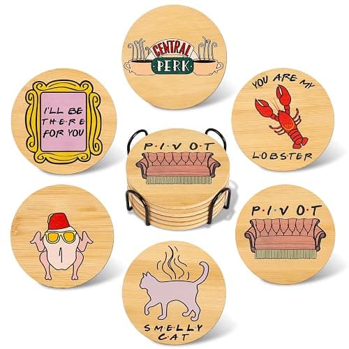Friends TV Show Merchandise - Friends Coasters Set of 6,Friends TV Show Gifts for Women,Wooden Coasters for Drinks with Coaster Holder,Friends TV Show Decor for Halloween - Image 1