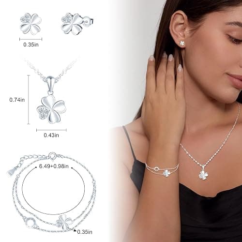 MICMIF 3 Stück Silber 925 Vierblättriges Kleeblatt Schmuck Set für Damen Mädchen: Kleeblatt Ohrstecker + Ketten Armband + Kette Anhänger Kleeblatt - Klee Halskette Armband und Ohrringe Set thumbnail 2