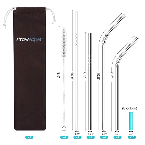 StrawExpert Set of 16 Reusable Stainless Steel Straws with Travel Case Cleaning Brush Silicone Tips Eco Friendly Extra Long Metal Straws Drinking for 20 24 30 oz Tumbler, Silver thumbnail 2