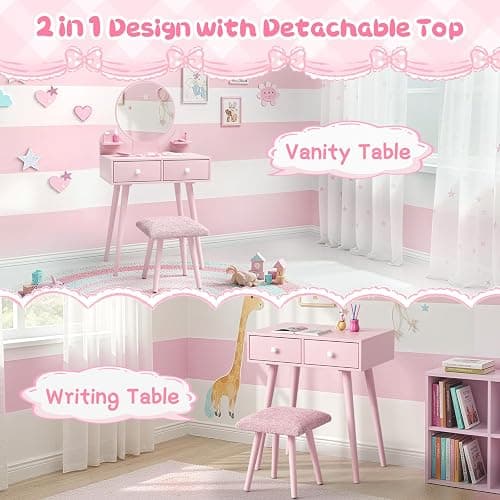 Arlopu Kids Vanity Table and Chair Set, 2 in 1 Toddler Makeup Dressing Desk with Detachable Large Mirror and Stool, Drawers, Princess Wooden Pretend Play Toys for Little Girls (Pink) thumbnail 4