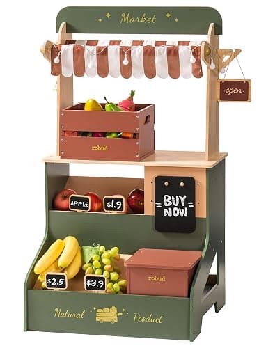ROBUD Pretend Play Grocery Store with Lights, Supermarket Playset for Kids, Interactive Wooden Play Market Stand, Gift for 3+ Kids Boys Girls (Vintage Green) thumbnail 9