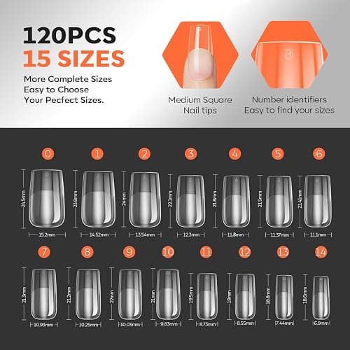 modelones Pro Luxe Instant Nail Apex Tips 15 Sizes, Medium Square Extension Gel Tips Pre-building & Pre-etched Thicker Strength Acrylic Fake Nails Full Cover 120 Pcs thumbnail 7