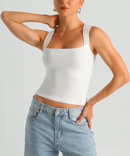 HOYAYO Women's Slim Fit Double-Layer Tank Top Square Neck Sleeveless Basic Fitted Tee Shirt thumbnail 3