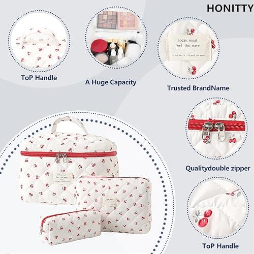honitty Makeup Bag,Quilted Cosmetic Bags,Large Floral Make Up Organize bag,Makeup Bag Set for Women,Flower Travel Toiletry Bag thumbnail 3