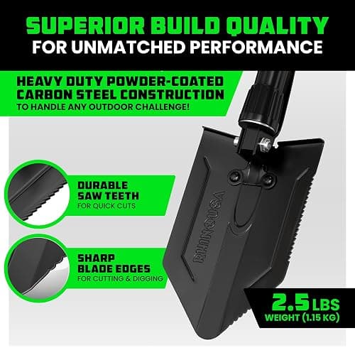 RHINO USA Folding Survival Shovel w/Pick - Heavy Duty Carbon Steel Military Style Entrenching Tool for Off Road, Camping, Gardening, Beach, Digging Dirt, Sand, Mud & Snow. thumbnail 3