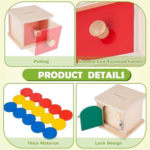 Adena Montessori Coin Lock Box,2 in 1 Object Permanence Box Toys for 1 Year Old Baby Coins,Wooden Mechanisms Help Develop Probelm Solving Skills Toys for 6-12 Month Infant Toys,Learning Kids Gifts thumbnail 5