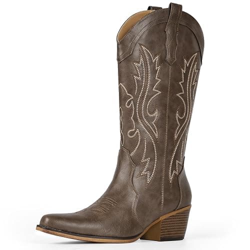 IUV Cowboy Boots For Women Western Cowgirl Boots with Chunky Heel Mid Calf Snip Toe Ideal for low insteps thumbnail 4