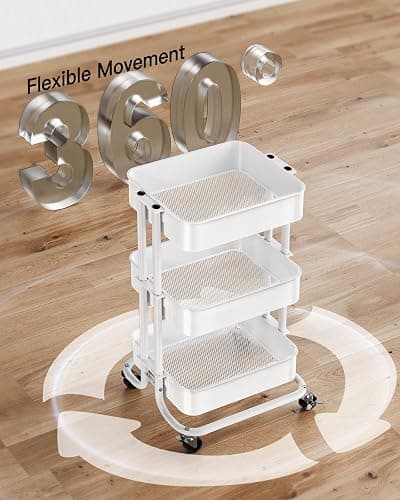 Pipishell 3 Tier Metal Rolling Utility Cart, Heavy-Duty Storage Rolling Cart with 2 Lockable Wheels, Multifunctional Mesh Organization Utility Cart for Kitchen Dining Room Living Room (White) - White - 3 Tier thumbnail 7