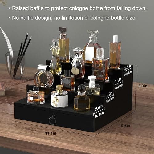 upcessory Cologne Organizer for Men, 4 Tier Black Wood Perfume Organizer with Felt Lining Drawer and Hidden Compartment, Perfume Display Holder, A Gift for Men thumbnail 3