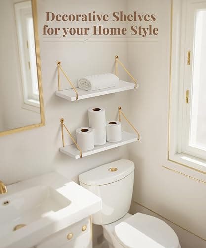 Afuly Floating Shelves for Wall, Metallic Gold White Wall Mounted Shelves, Shelves for Bathroom Kitchen Bedroom Solid Wood Metal Chic Bookshelf, Set of 2 thumbnail 3