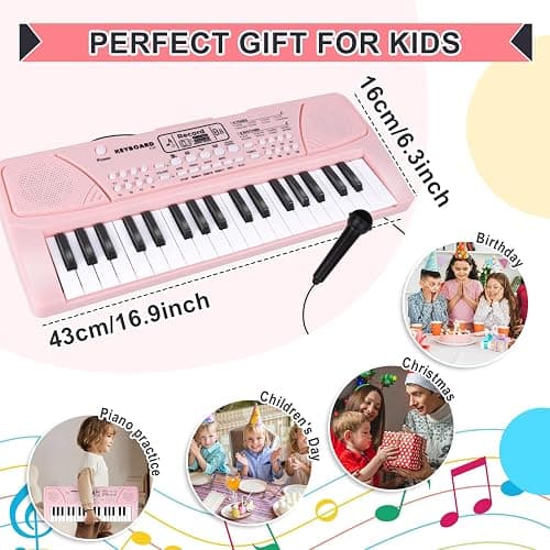 M SANMERSEN Upgraded 37 Key Kids Piano Keyboard with Microphone Music Toys for 3 4 5 6 Year Old Girls Gifts, Pink thumbnail 2