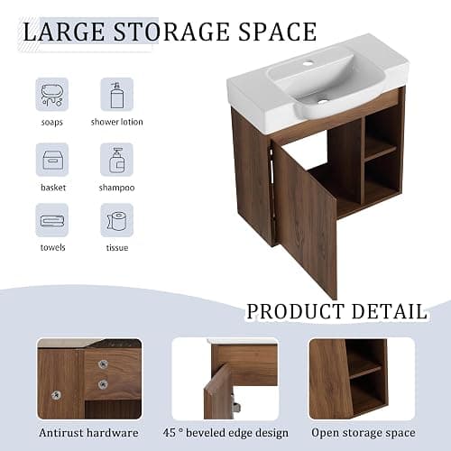 KEIKI 24'' Bathroom Vanity Cabinet with Ceramic Sink & Open Shelf, Wall Mounted Floating Bathroom Vanity with Soft-Close Cabinet Door, for Small Bathroom, Brown Ebony - 24" thumbnail 5