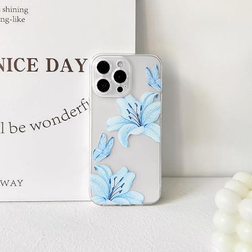 NITITOP Compatible with iPhone 12 Pro Case Clear Cute Butterfly Lily Flower Floral Pattern for Women Girls Full Camera Lens Clear Slim Shockproof Protective Phone Cover - Blue thumbnail 6