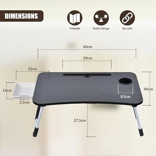 GEEZY Foldable Laptop Table with Drawer - MDF Wood Desk with Cup Holder, Tablet Slot, Anti-Slip Legs - Portable Laptop Desk Tray for Sofa, Bed, Work, Gaming, Eating, TV, Studying, Drawing and Crafts thumbnail 3