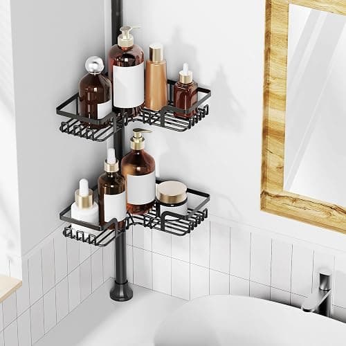 ZUNTO Tension Pole Shower Caddy with 2 Towel Holder and Hooks for Bathroom, Adjustable 25in-114in Floor to Ceiling Shower Organizer, Standing 4 Tier Corner Shelves for Storage and Hanging, Matte Black thumbnail 3