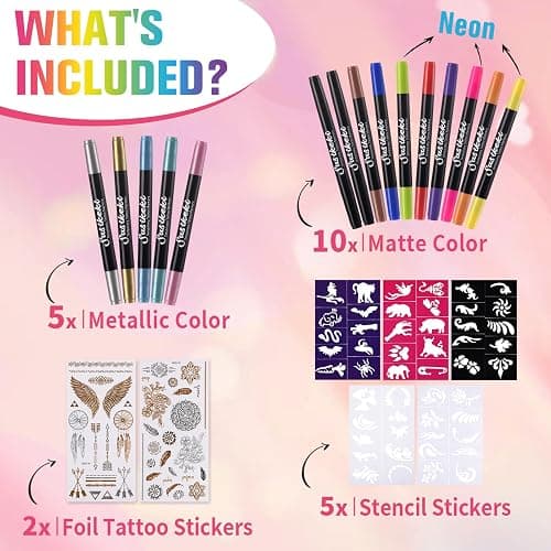 Temporary Tattoo Markers for Skin,15PCS Dual-Ended Tattoo Pen + 50 Paint Stencils + 43 Tattoos Stickers,Glitter & Matte & Neon Glow Body Marker Set, Removable Fake Tattoos Kit for Teens and Adult thumbnail 2