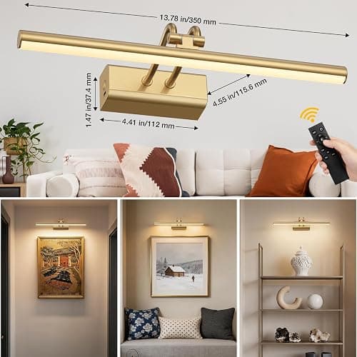 Percantis 13.8'' Battery Operated Picture Light for Wall, Remote Control | 4000mAh Cordless,Gold Wall Light, Magnetic for Easy to Charge,Timers, Display for Gallery Living Room Bedroom thumbnail 2