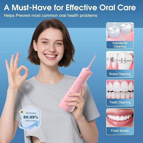 Leominor Water Dental Flosser - 5 Modes Cordless Portable Oral Irrigator, IPX7 Waterproof, Rechargeable Teeth Cleaner Upgrade Datchable Tank Professional Flossing Cleaning Pick for Home Travel (Pink) thumbnail 6