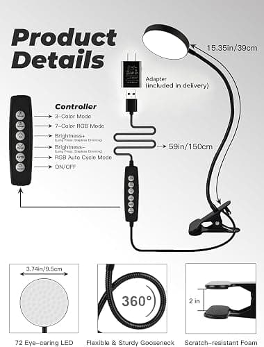 Clip on Light,10 RGB Colors+10 Brightness Clip on Desk Lamp with Clamp, 500 Lumen Bright 72 LED Desk Light, USB Adapter Reading Lights for Books in Bed/Headboard/Bedside Table/Bedroom/Dorm/Home Office thumbnail 7