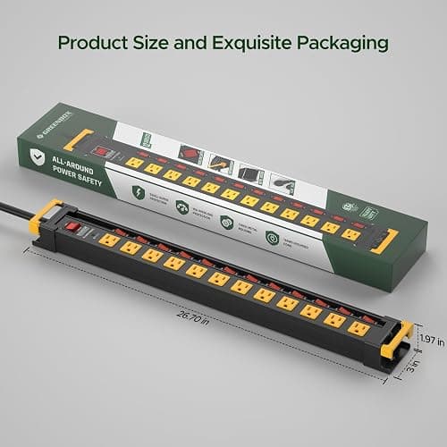 12 Outlet Long Heavy Duty Power Strip with Individual Switches,3300J Surge Protector Metal Power Strip,Wide Spaced,6Ft Cord Managment for School,Garage,Office,Workbench,ETL Listed(15A/1875W) thumbnail 6