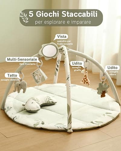 Fortella Palestrina Neonato Evolutiva, Tappetino Gioco Attività con 5 Giocattoli Sensoriali, Specchio e Cuscino–Ideale per Bambini e Bambine, Regalo Perfetto Sviluppo Infantile 0-3-6-9-12 Mesi (Verde) thumbnail 4