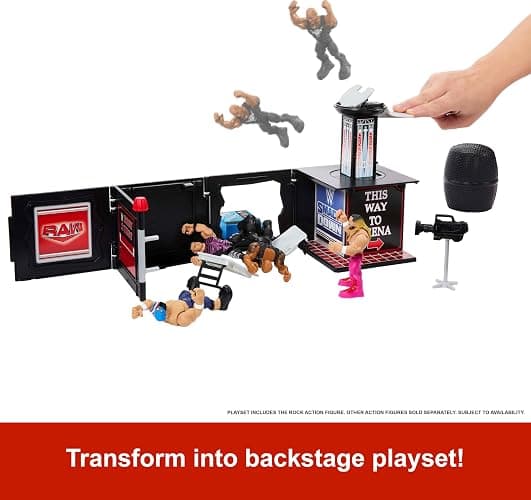 Mattel WWE Knuckle Crunchers 2-in-1 Microphone & Playset with Action Figure & 2 Accessories, Final Boss Set with 3.25-inch The Rock thumbnail 3