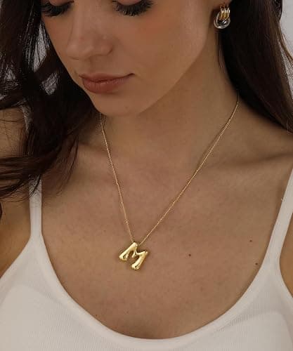 Bheop Bubble Gold Silver Letter Necklace for Women Dainty 14K Gold Plated Balloon Initial Necklaces for Women Trendy Cute Chunky Charm Monogram Pendant Name Necklace Fashion Jewelry Gifts for Teens thumbnail 7