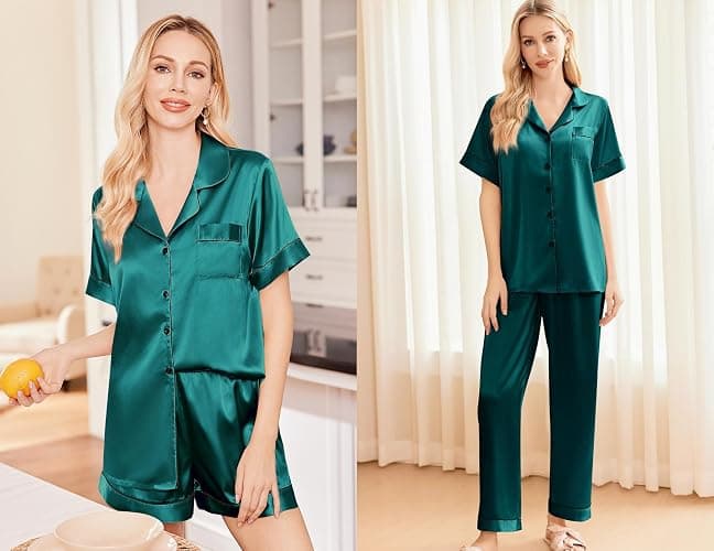 Ekouaer Silk Pajamas for Women Set Satin Pjs Soft Short Sleeve Button Down Sleepwear 3 Piece Loungewear S-XXL thumbnail 3