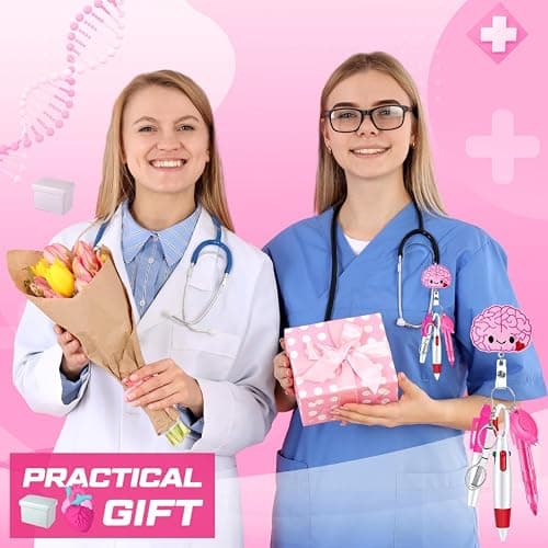 Sieral 6 Pcs Nurse Badge Accessories Include Permanent Marker Pen Highlighter Extendable Ballpoint Pen Foldable Scissors LED Flashlight Keychain Retractable Nurse Badge Clip (Pink,Cute) thumbnail 2