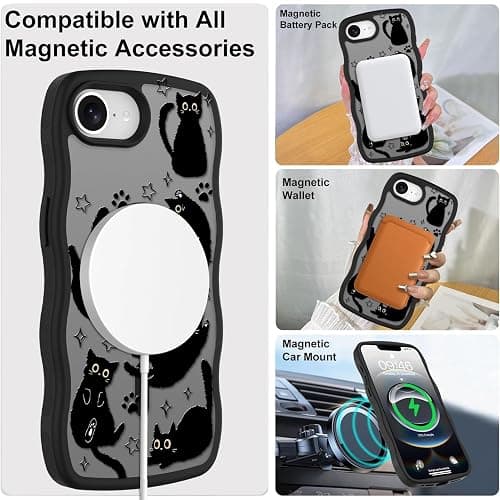 Heaofei Cute Case for iPhone 17e & 16e Case [Compatible with MagSafe] with Kawaii Black Cats Cat Print Pattern Design for Women Girls, Soft Wavy Edge Anti-Slip Animal Magnetic Protective Phone Cover thumbnail 3