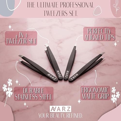 NARZ 4Pcs Professional Twezers for Women Facial Hair Stainless Steel Precision Tweezers for Ingrown Hair Eyebrow Tweezer for Men & Women (Black Set) thumbnail 3